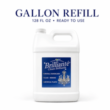 Load image into Gallery viewer, A white plastic gallon-style refill container labeled 'Brilliant Cleans Brilliant' with a blue front label, shown on a white background with the text 'GALLON REFILL 128 FL OZ