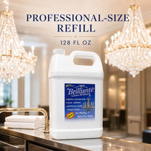 Load image into Gallery viewer, A large white plastic bottle of Brillianté Crystal Brilliance glass cleaner refill stands on a countertop in a luxurious interior with crystal chandeliers and folded white towels. Text at the top reads 'PROFESSIONAL-SIZE REFILL' and '128 FL OZ'.