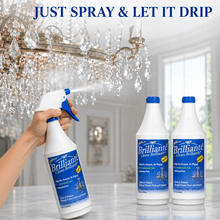Load image into Gallery viewer, Brilliante Crystal Cleaner sprayed onto chandelier crystals with three-bottle refill kit