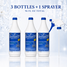 Load image into Gallery viewer, Brilliante Crystal Cleaner three 32oz bottles with one complete sprayer, 96oz total