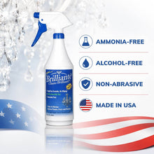 Load image into Gallery viewer, A bottle of Brillante Clean Brilliant cleaning spray shown on a white background with decorative icy imagery and text callouts reading 'AMMONIA-FREE', 'ALCOHOL-FREE', 'NON-ABRASIVE', and 'MADE IN USA'.
