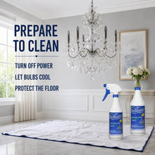 Load image into Gallery viewer, Two bottles of Brilliance Crystal &amp; Shine glass and window cleaner displayed on a white floor mat in a beautifully decorated room with a crystal chandelier, text overlay, and a vase of white flowers.
