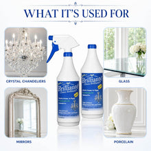 Load image into Gallery viewer, A product information graphic for Soct Brillianté Crystal Remover. The center shows two white spray bottles with blue caps and blue labels, flanked by four inset images demonstrating use on a crystal chandelier, glass table, mirrors, and a white porcelain vase, under the heading 'WHAT IT'S USED FOR'.
