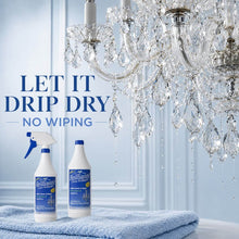 Load image into Gallery viewer, Two bottles of Mr. Brilliant White Trimming Solution with a spray nozzle and a pump bottle, placed on a blue towel beneath a large crystal chandelier.
