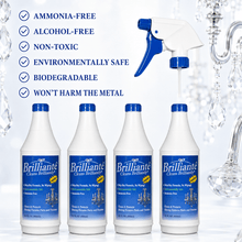 Load image into Gallery viewer, Brilliante Crystal Cleaner four-bottle kit with ammonia-free, alcohol-free, non-toxic, biodegradable formula benefits
