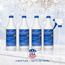 Load image into Gallery viewer, Brilliante Crystal Cleaner four 32oz bottles and sprayer with Made in USA badge
