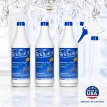 Load image into Gallery viewer, Brilliante Crystal Cleaner three 32oz bottles and complete sprayer with Made in USA badge
